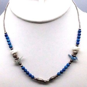 Vintage Rose Beads Necklace in Silver Tone with Blue, Mother of Pearl and Carved